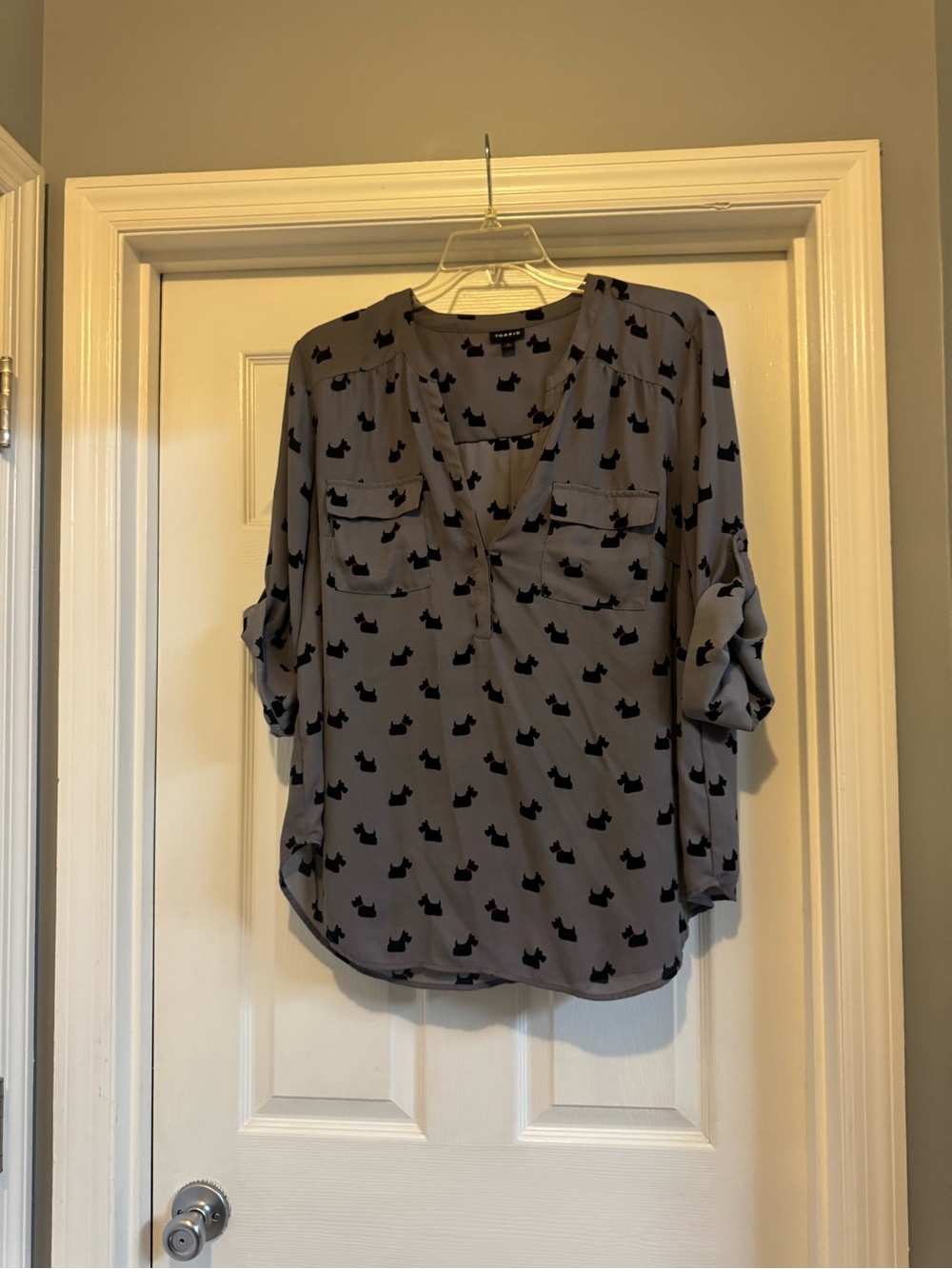 V-Neck Gray Blouse with Black Cat Print
